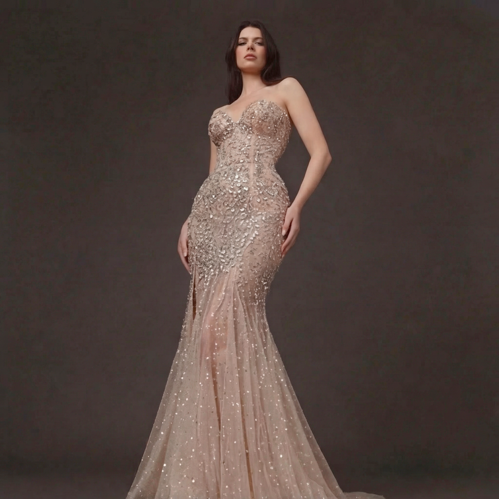 Nude Illusion Crystal Embellished Mermaid Gown - Strapless Sweetheart Neckline with Plunging V-Bust