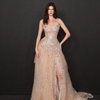 Nude Tulle A-Line Formal Gown - Silver Sequin Starburst Embellishments with High Thigh Slit and Sweetheart Bodice