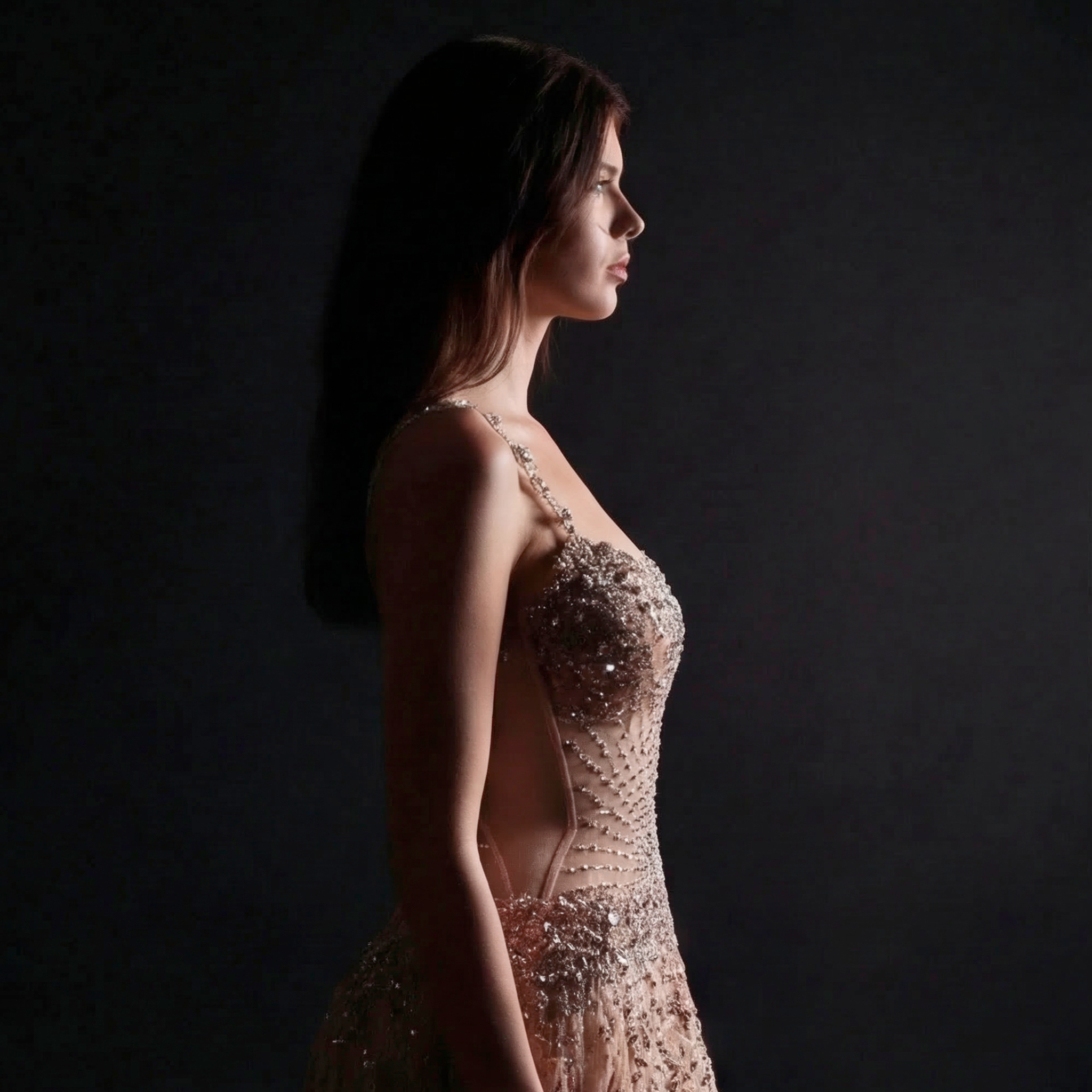 Nude Tulle A-Line Formal Gown - Silver Sequin Starburst Embellishments with High Thigh Slit and Sweetheart Bodice