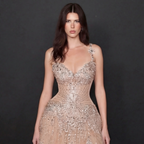 Nude Tulle A-Line Formal Gown - Silver Sequin Starburst Embellishments with High Thigh Slit and Sweetheart Bodice
