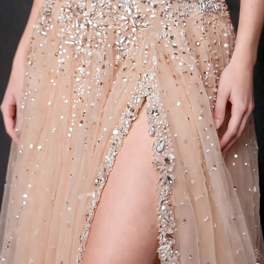 Nude Tulle A-Line Formal Gown - Silver Sequin Starburst Embellishments with High Thigh Slit and Sweetheart Bodice