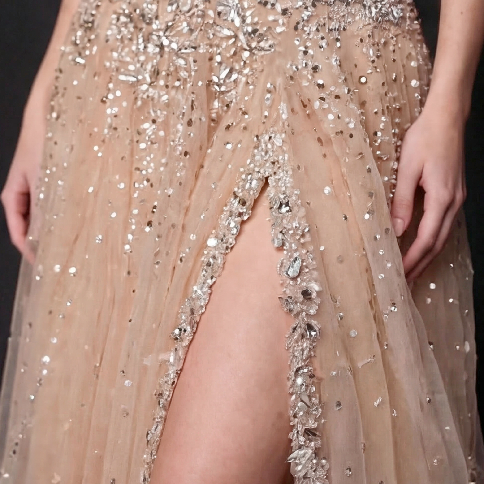 Nude Tulle A-Line Formal Gown - Silver Sequin Starburst Embellishments with High Thigh Slit and Sweetheart Bodice