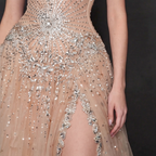 Nude Tulle A-Line Formal Gown - Silver Sequin Starburst Embellishments with High Thigh Slit and Sweetheart Bodice