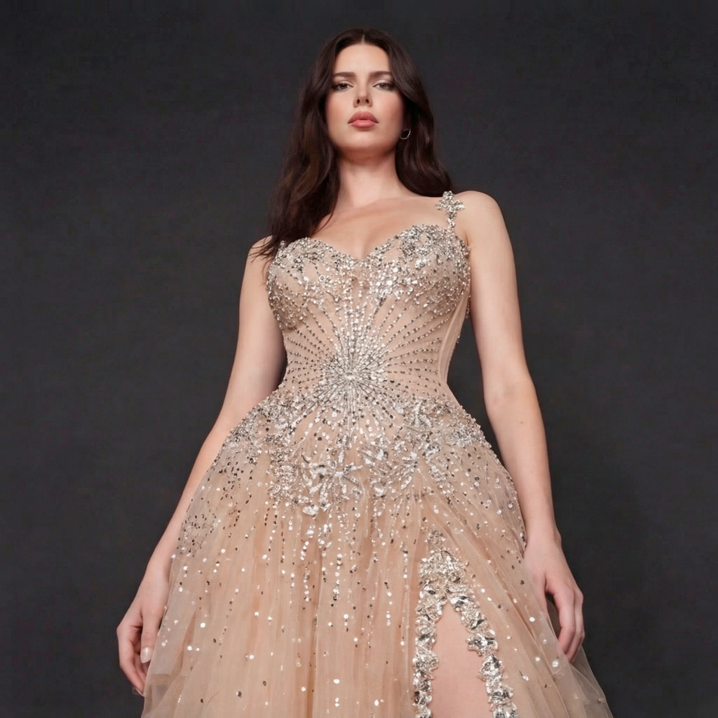 Nude Tulle A-Line Formal Gown - Silver Sequin Starburst Embellishments with High Thigh Slit and Sweetheart Bodice