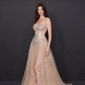 Nude Tulle A-Line Formal Gown - Silver Sequin Starburst Embellishments with High Thigh Slit and Sweetheart Bodice
