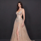 Nude Tulle A-Line Formal Gown - Silver Sequin Starburst Embellishments with High Thigh Slit and Sweetheart Bodice