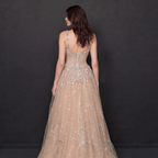 Nude Tulle A-Line Formal Gown - Silver Sequin Starburst Embellishments with High Thigh Slit and Sweetheart Bodice