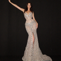Silver Sequin Mermaid Formal Gown - Architectural Sheer Beaded Bodice with High Leg Slit
