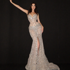 Silver Sequin Mermaid Formal Gown - Architectural Sheer Beaded Bodice with High Leg Slit