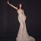 Silver Sequin Mermaid Formal Gown - Architectural Sheer Beaded Bodice with High Leg Slit