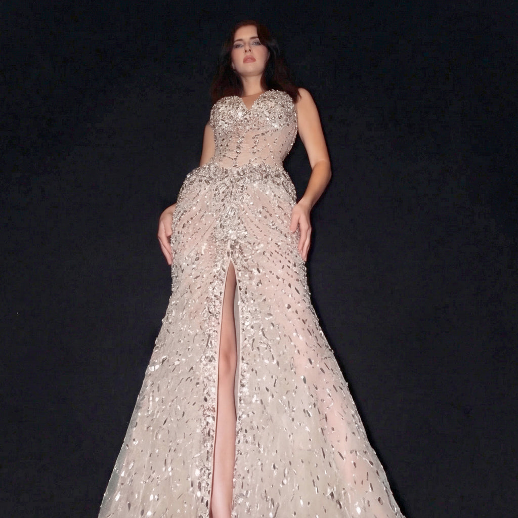 Silver Sequin Mermaid Formal Gown - Architectural Sheer Beaded Bodice with High Leg Slit