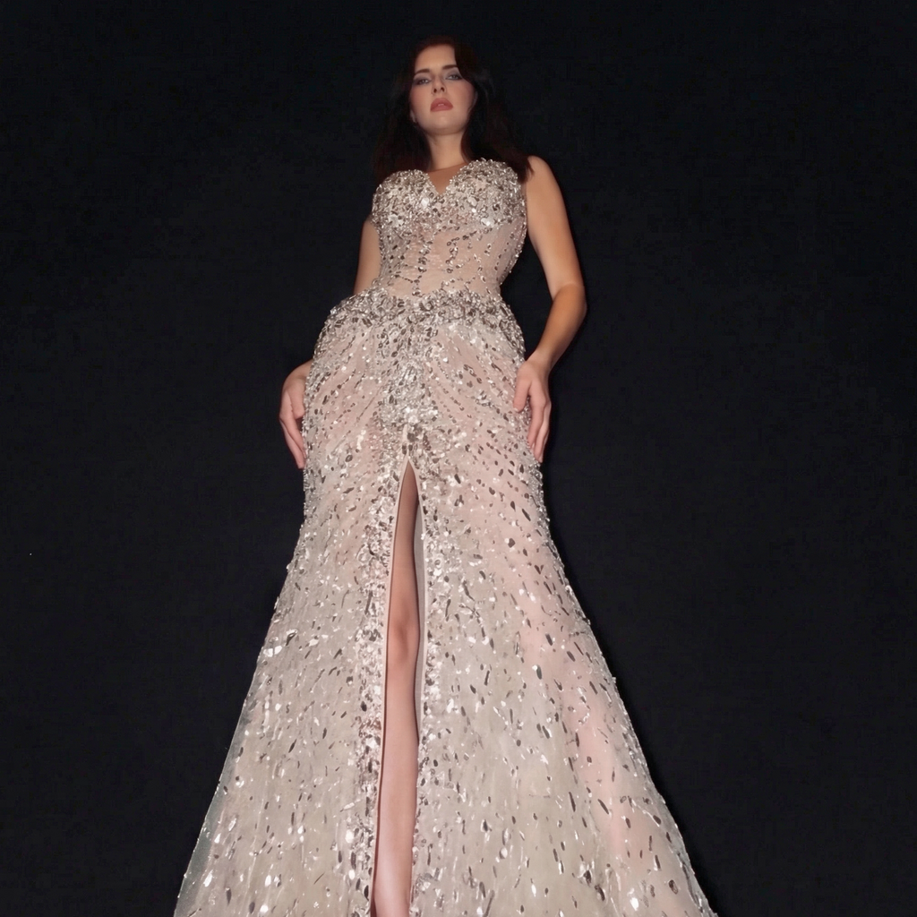 Silver Sequin Mermaid Formal Gown - Architectural Sheer Beaded Bodice with High Leg Slit