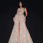 Silver Sequin Mermaid Formal Gown - Architectural Sheer Beaded Bodice with High Leg Slit