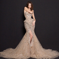 Champagne Crystal Embellished Architectural Peplum Strapless Mermaid Gown with High Slit - The Stellarine Monolith