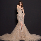 Champagne Crystal Embellished Architectural Peplum Strapless Mermaid Gown with High Slit - The Stellarine Monolith