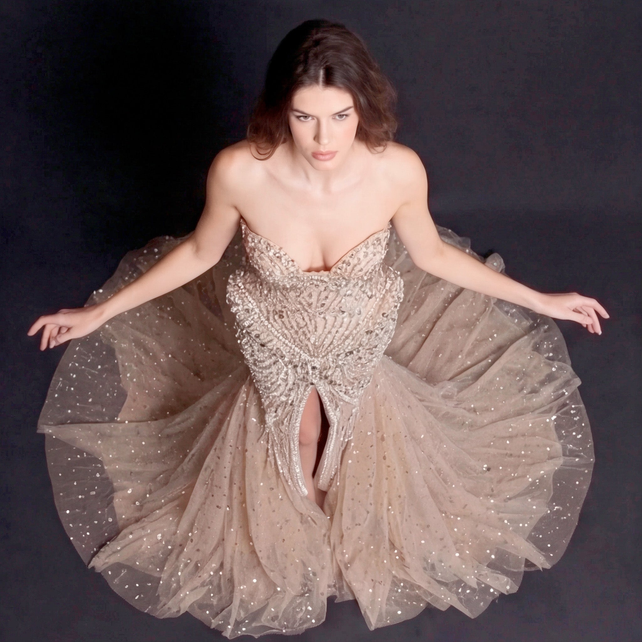 Champagne Crystal Embellished Architectural Peplum Strapless Mermaid Gown with High Slit - The Stellarine Monolith