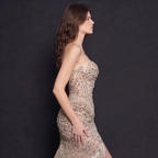 Champagne Crystal Embellished Architectural Peplum Strapless Mermaid Gown with High Slit - The Stellarine Monolith