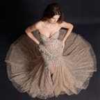 Champagne Crystal Embellished Architectural Peplum Strapless Mermaid Gown with High Slit - The Stellarine Monolith