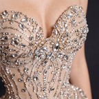 Champagne Crystal Embellished Architectural Peplum Strapless Mermaid Gown with High Slit - The Stellarine Monolith