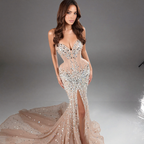 Champagne Crystal Embellished Architectural Peplum Strapless Mermaid Gown with High Slit