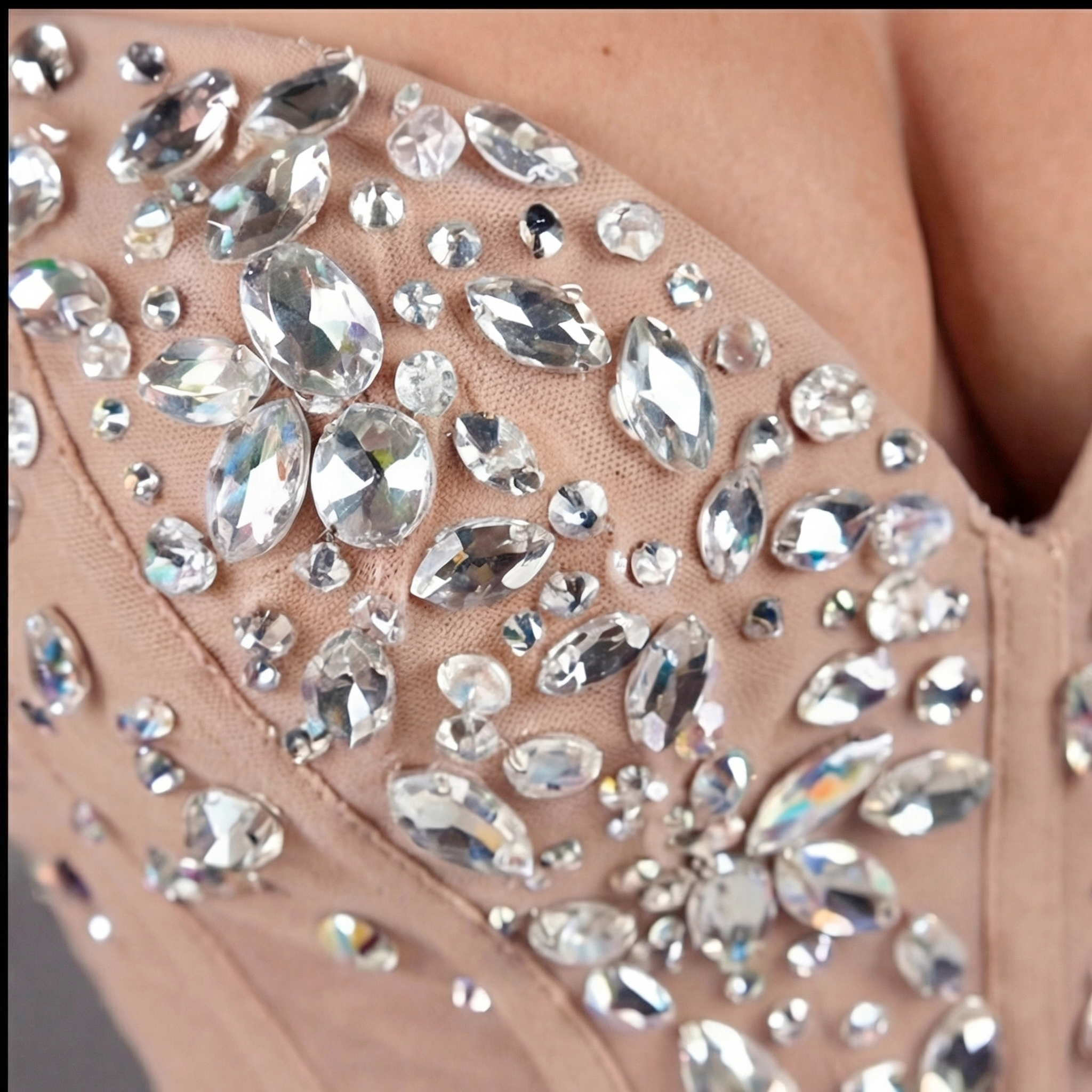 Champagne Crystal Embellished Architectural Peplum Strapless Mermaid Gown with High Slit