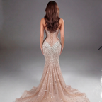 Champagne Crystal Embellished Architectural Peplum Strapless Mermaid Gown with High Slit