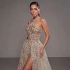 Gold & Turquoise Architectural Crystal Embellished Corset Peplum Mermaid Gown with High Slit