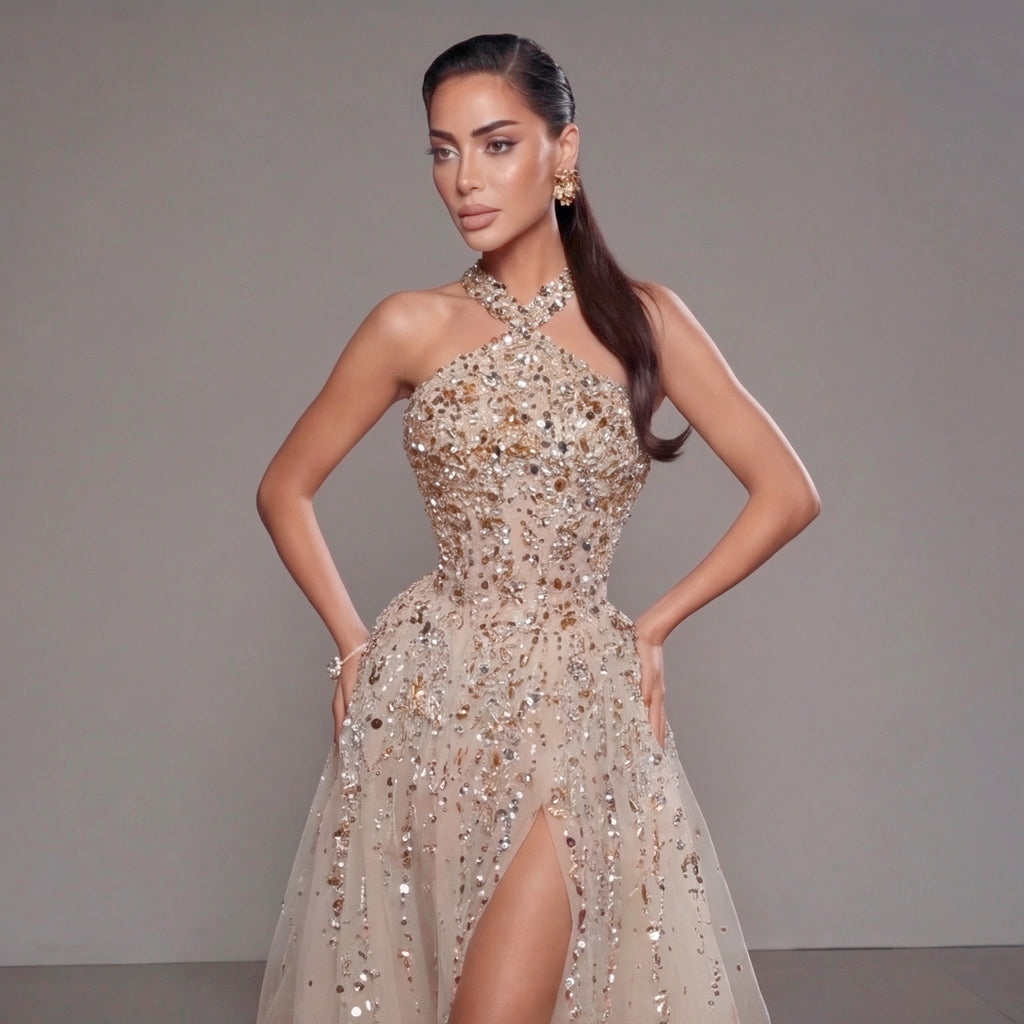 Gold & Turquoise Architectural Crystal Embellished Corset Peplum Mermaid Gown with High Slit