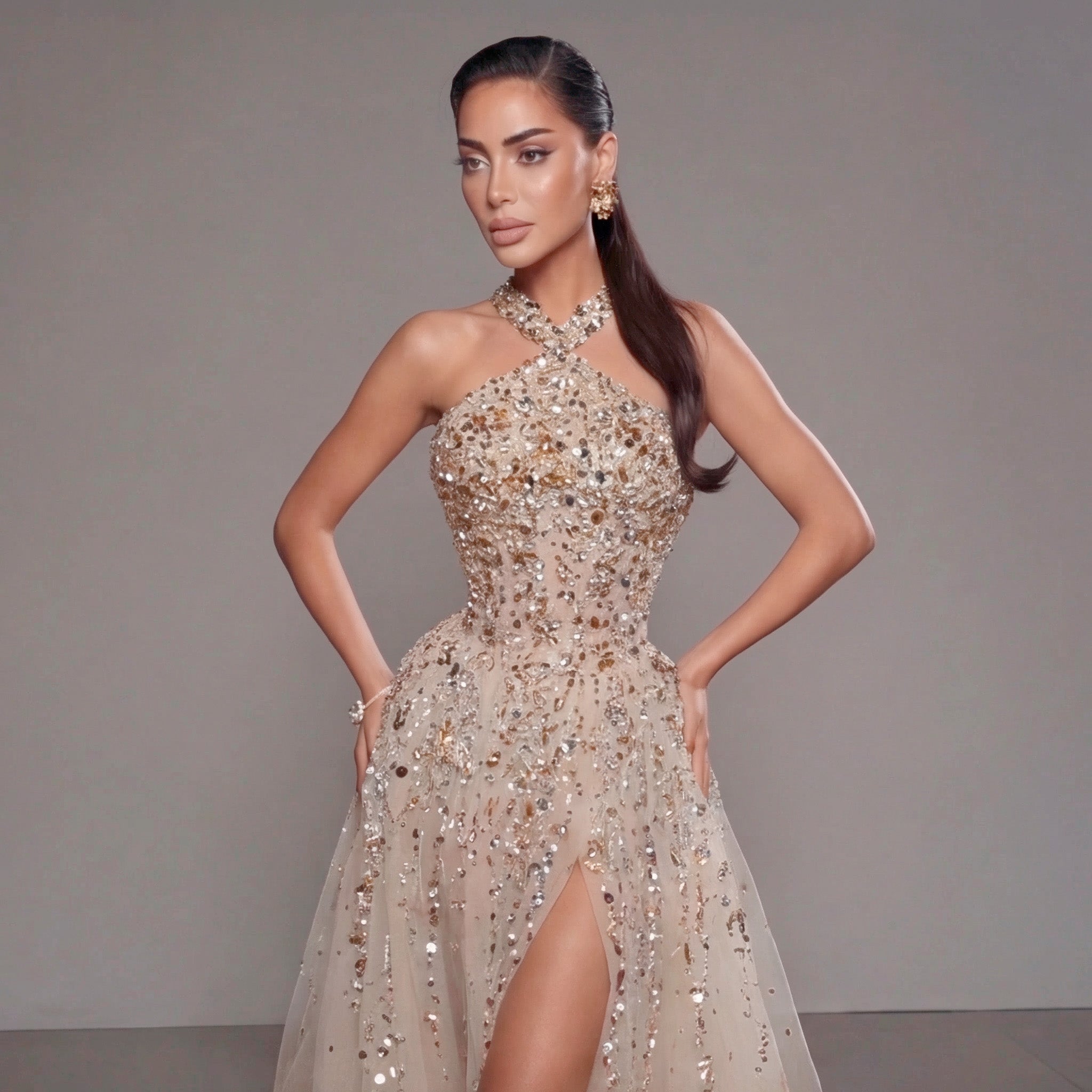 Gold & Turquoise Architectural Crystal Embellished Corset Peplum Mermaid Gown with High Slit