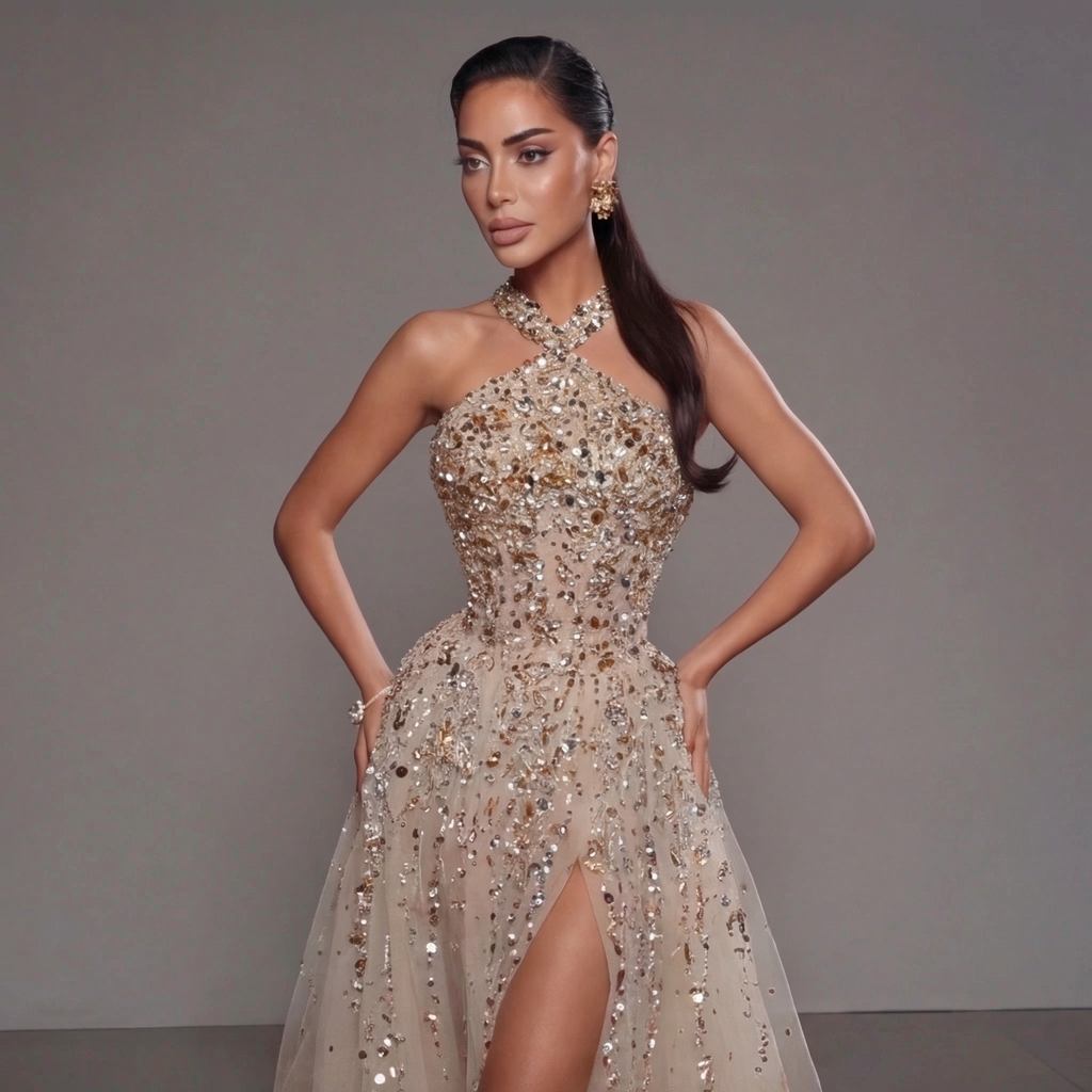 Gold & Turquoise Architectural Crystal Embellished Corset Peplum Mermaid Gown with High Slit