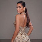 Gold & Turquoise Architectural Crystal Embellished Corset Peplum Mermaid Gown with High Slit