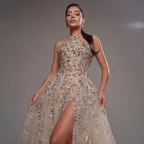 Gold & Turquoise Architectural Crystal Embellished Corset Peplum Mermaid Gown with High Slit