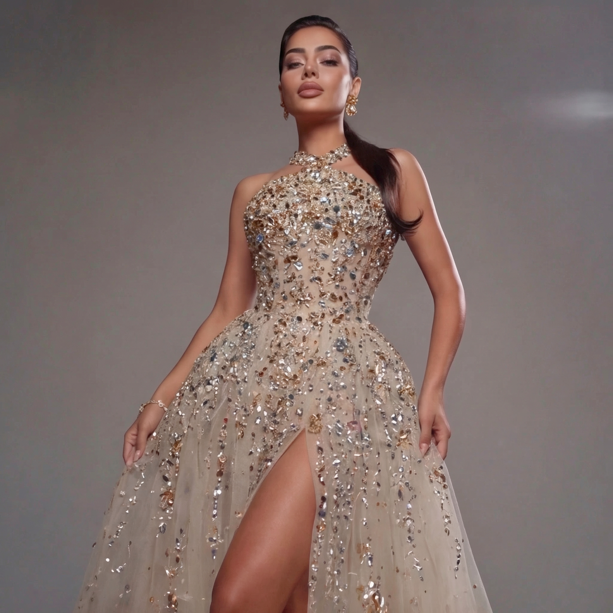 Gold & Turquoise Architectural Crystal Embellished Corset Peplum Mermaid Gown with High Slit