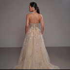 Gold & Turquoise Architectural Crystal Embellished Corset Peplum Mermaid Gown with High Slit