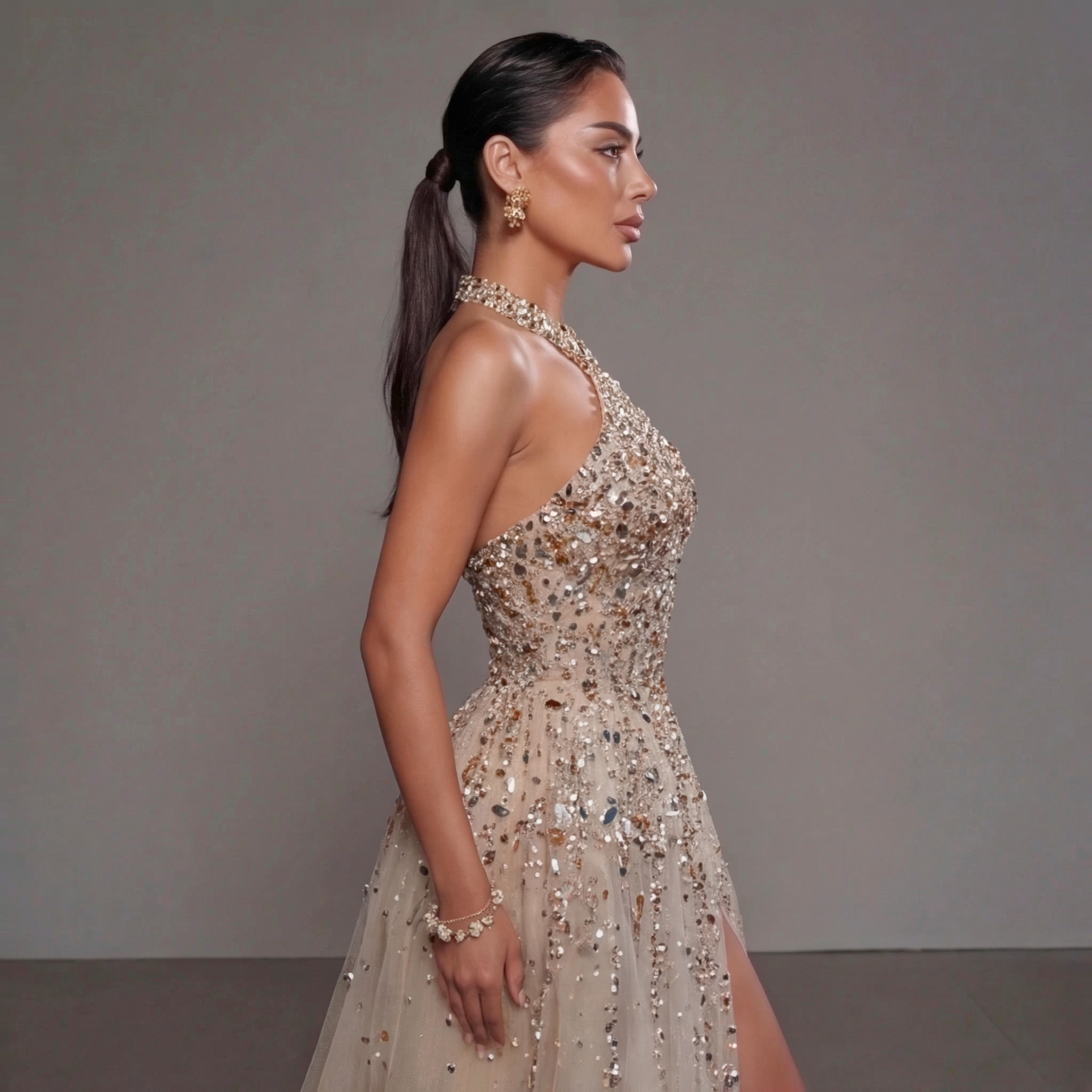 Gold & Turquoise Architectural Crystal Embellished Corset Peplum Mermaid Gown with High Slit