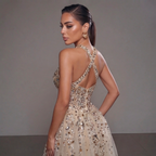 Gold & Turquoise Architectural Crystal Embellished Corset Peplum Mermaid Gown with High Slit