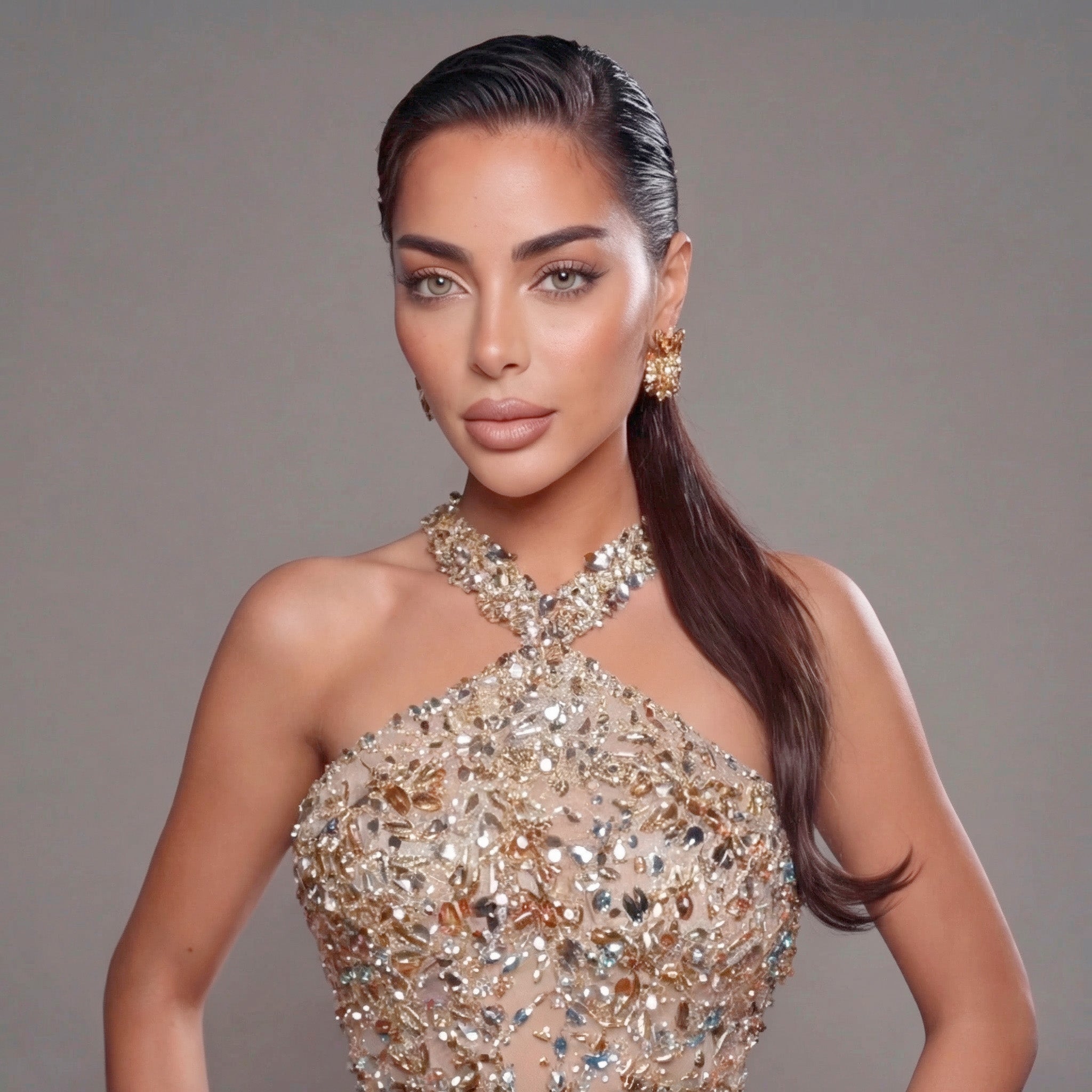 Woman wearing a sparkling, beaded dress against a gray background