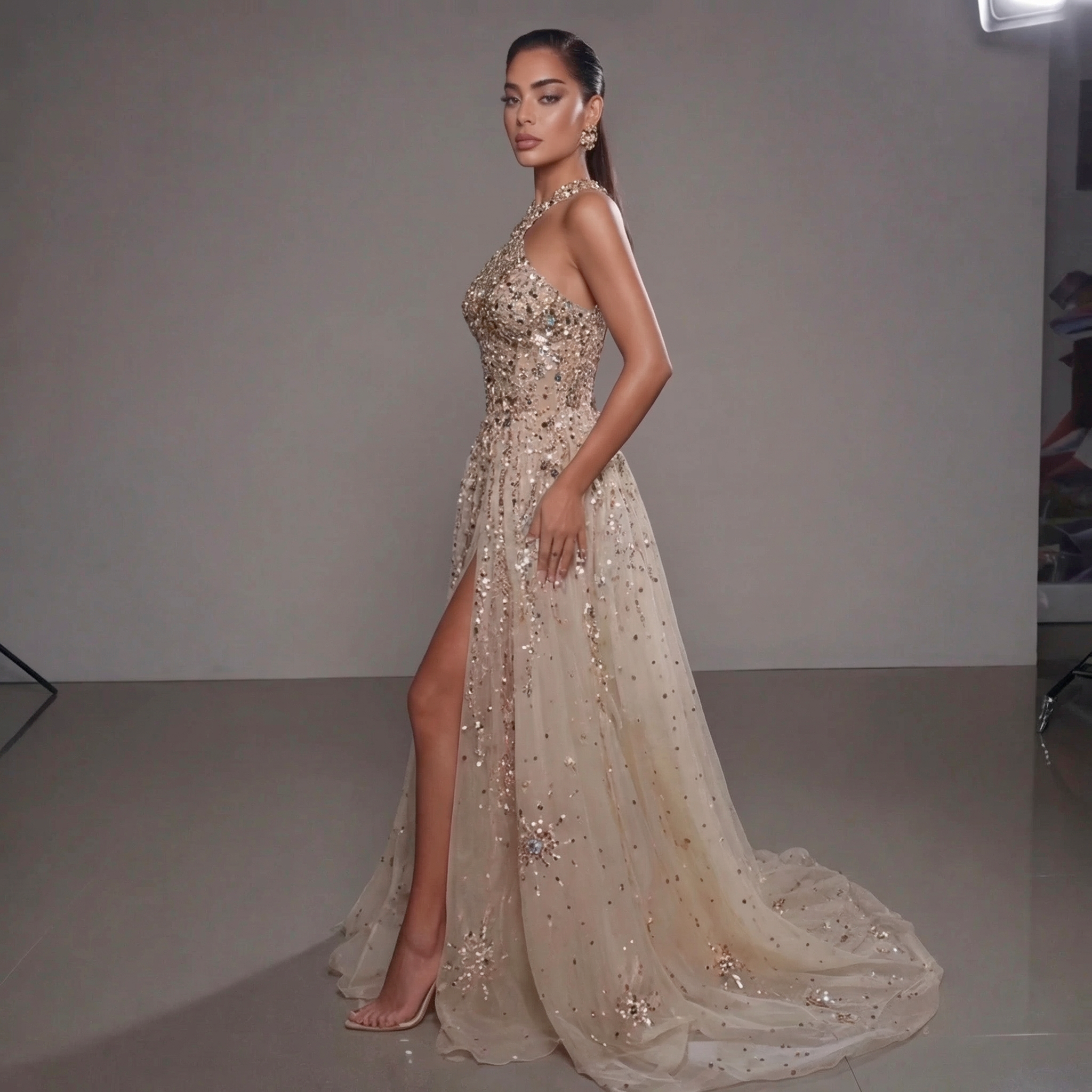 Gold & Turquoise Architectural Crystal Embellished Corset Peplum Mermaid Gown with High Slit