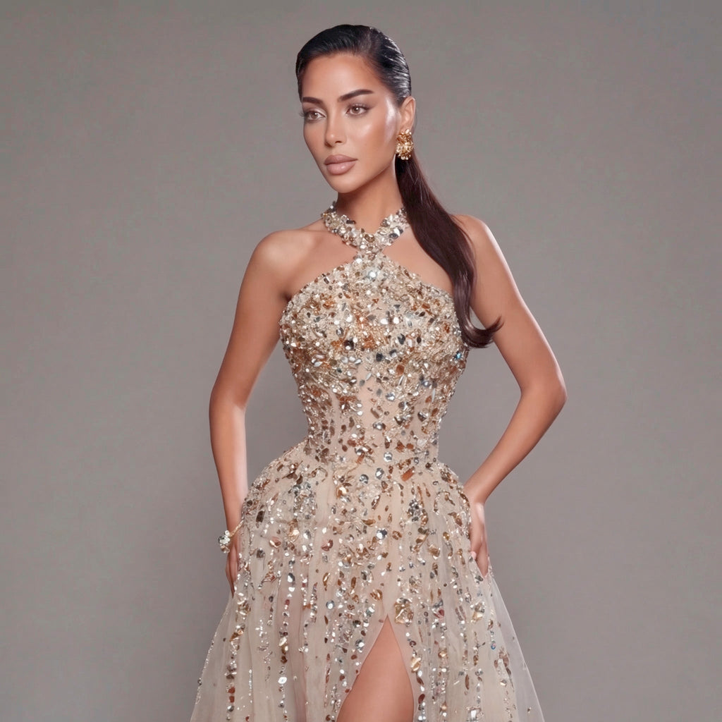 Woman wearing a sparkling evening gown against a neutral background