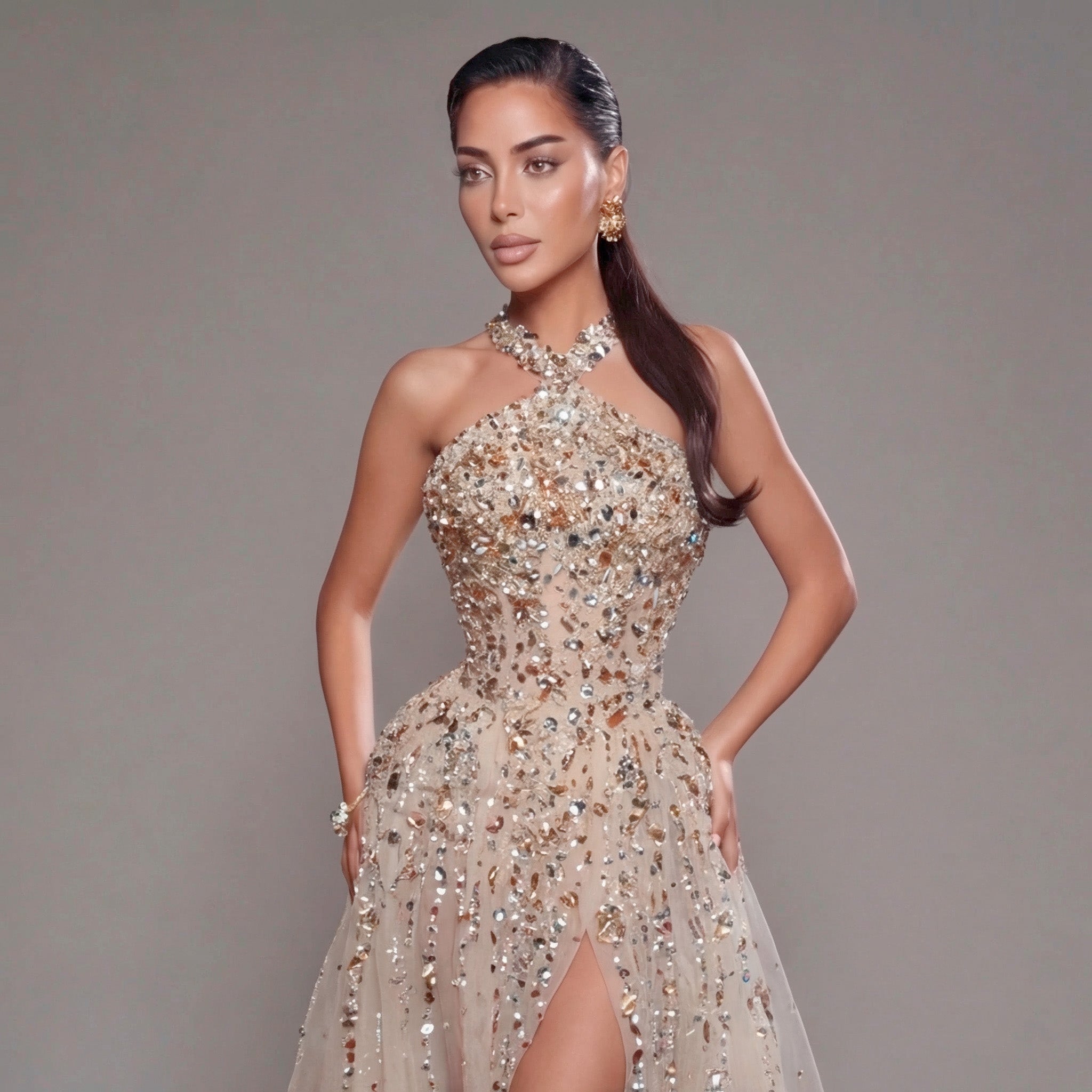 Woman wearing a sparkling evening gown against a neutral background