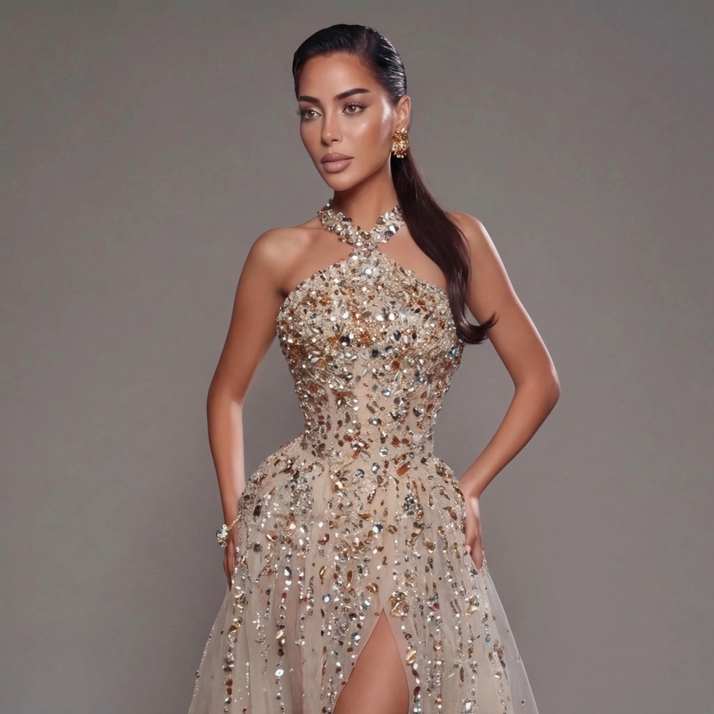 Gold & Turquoise Architectural Crystal Embellished Corset Peplum Mermaid Gown with High Slit