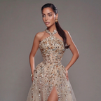 Gold & Turquoise Architectural Crystal Embellished Corset Peplum Mermaid Gown with High Slit