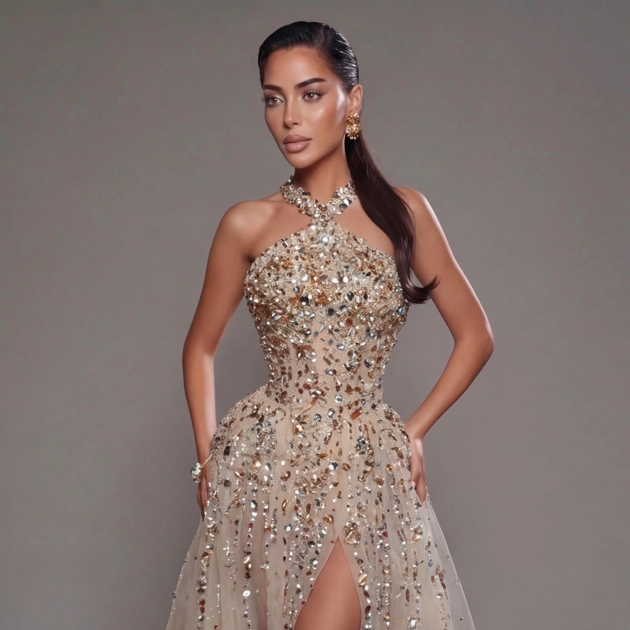 Gold & Turquoise Architectural Crystal Embellished Corset Peplum Mermaid Gown with High Slit