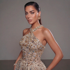 Gold & Turquoise Architectural Crystal Embellished Corset Peplum Mermaid Gown with High Slit