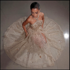 Gold & Turquoise Architectural Crystal Embellished Corset Peplum Mermaid Gown with High Slit