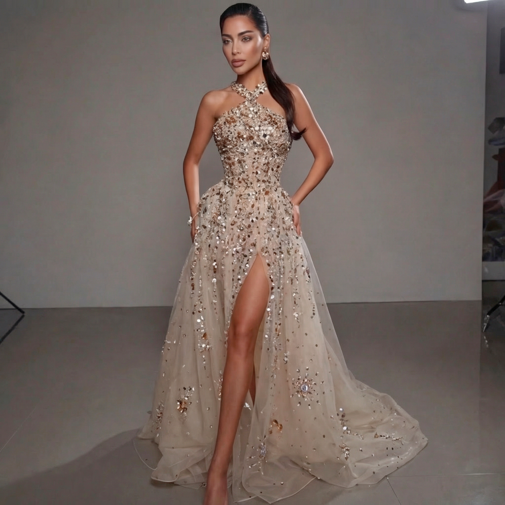 Gold & Turquoise Architectural Crystal Embellished Corset Peplum Mermaid Gown with High Slit