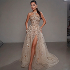 Gold & Turquoise Architectural Crystal Embellished Corset Peplum Mermaid Gown with High Slit