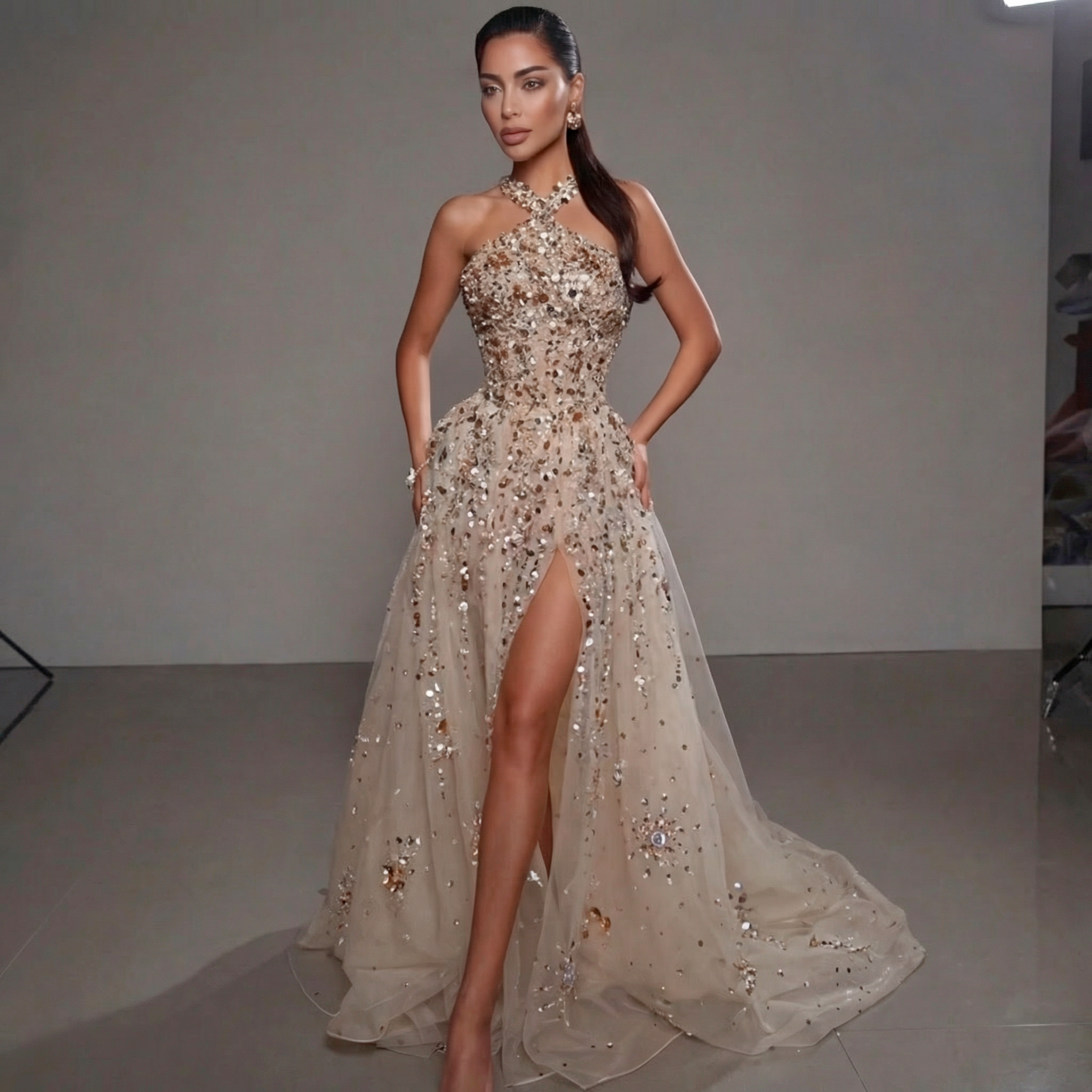 Gold & Turquoise Architectural Crystal Embellished Corset Peplum Mermaid Gown with High Slit