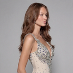 Champagne Gold Crystal Embellished Strapless Mermaid Gown with Architectural Peplum