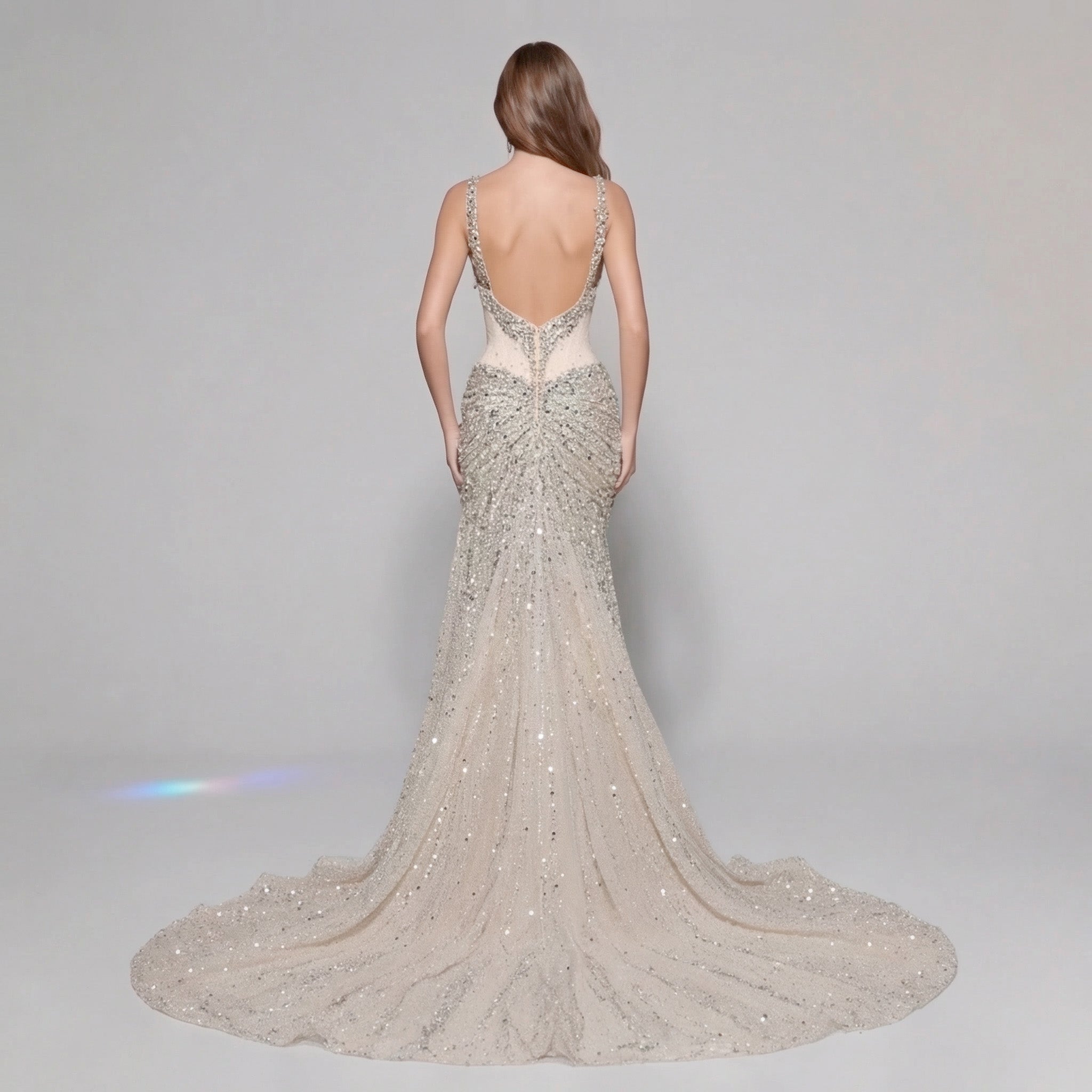 Champagne Gold Crystal Embellished Strapless Mermaid Gown with Architectural Peplum